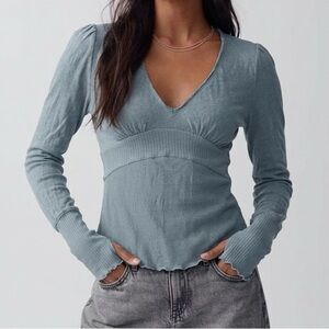 Free People We The Free Blue Cotton Linen Blend V-Neck Empire Waist Top XS